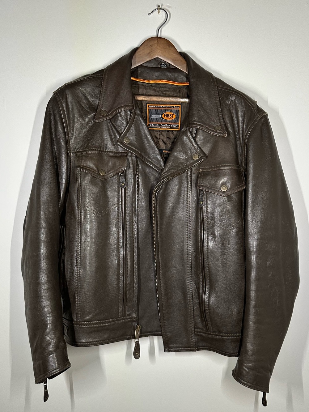 First Classics FMC Men's Brown Heavyweight Leather Motorcycle Jacket Size Medium